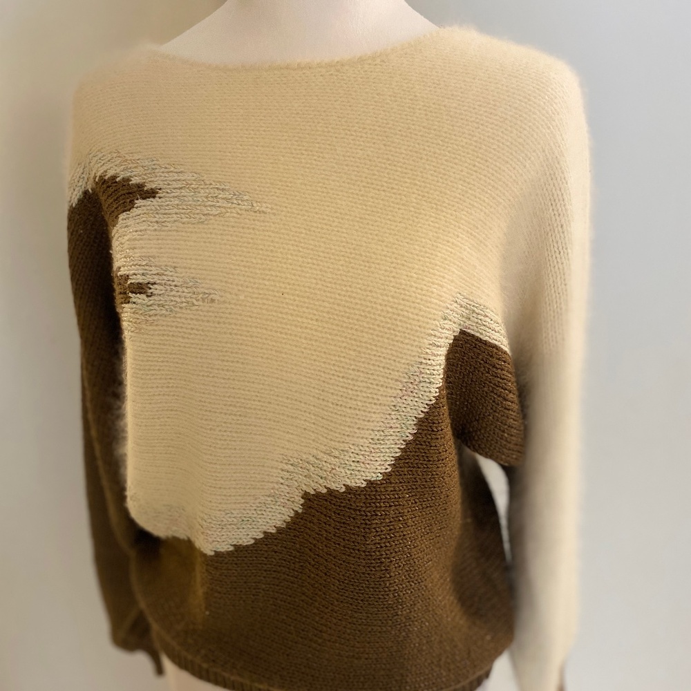 Vintage Zach’s Sweater S | Brown & White Geometric Knit with Metallic Thread